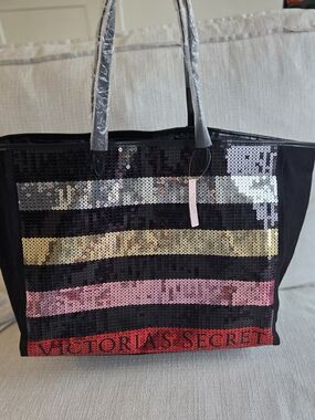 Victoria's Secret Black Sequin Stripe Tote Bag - Multicolor Stripes